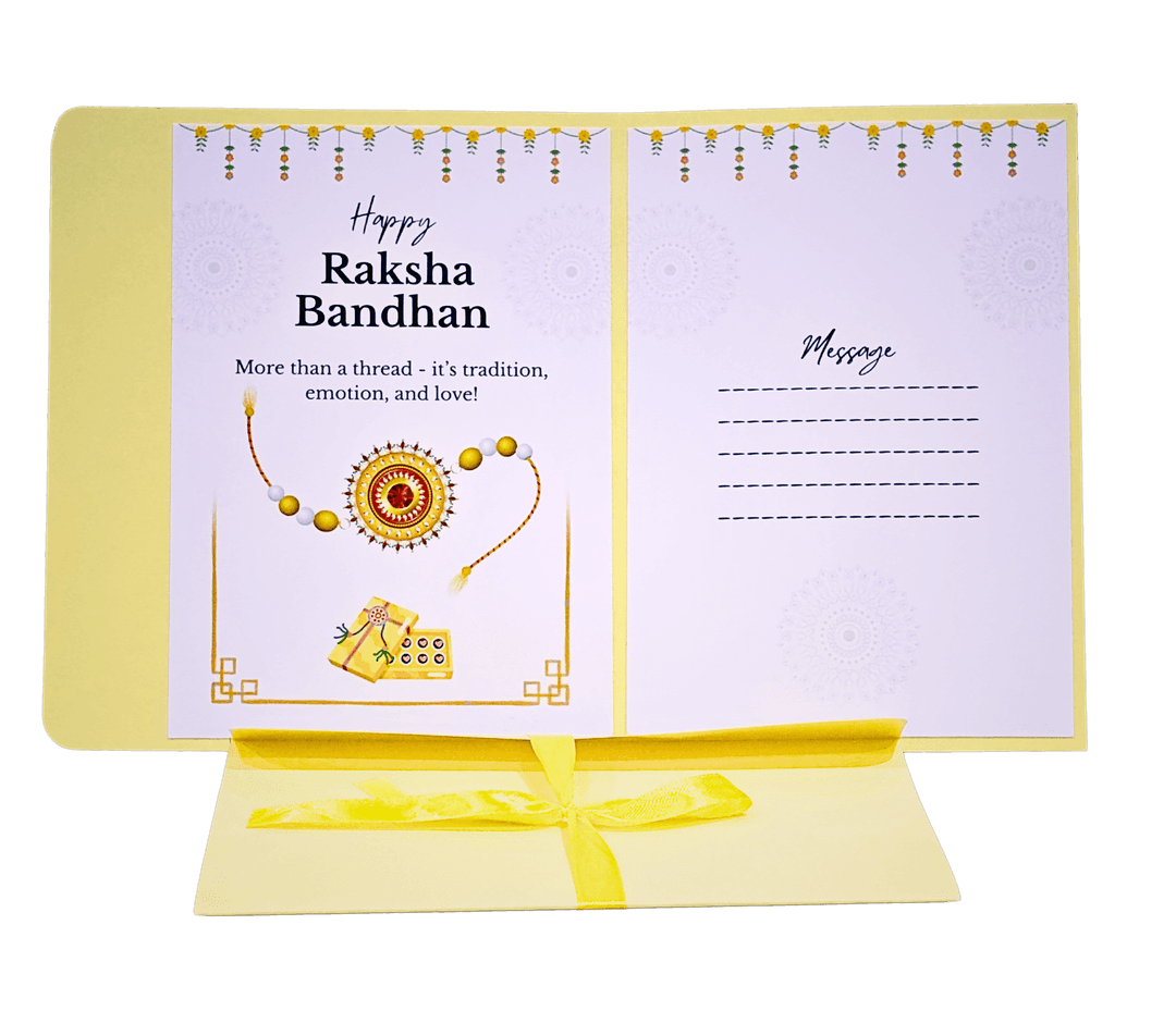 Happy Raksha Bandhan Greeting Card with Message Space, Yellow and White, Traditional Design with Decorative Border, Festival Celebration