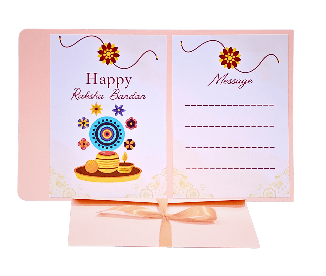 Happy Raksha Bandhan Greeting Card, soft orange, Traditional Design with Floral Pattern, Message Space, Ribbon Bow