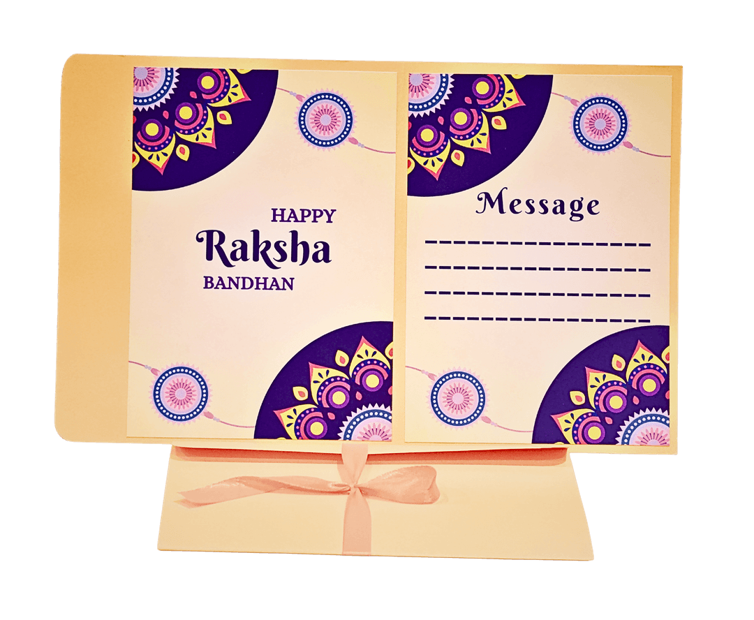 Happy Raksha Bandhan Greeting Card, Traditional Indian Festival Design with Mandala Pattern, Purple and Gold, Message Space