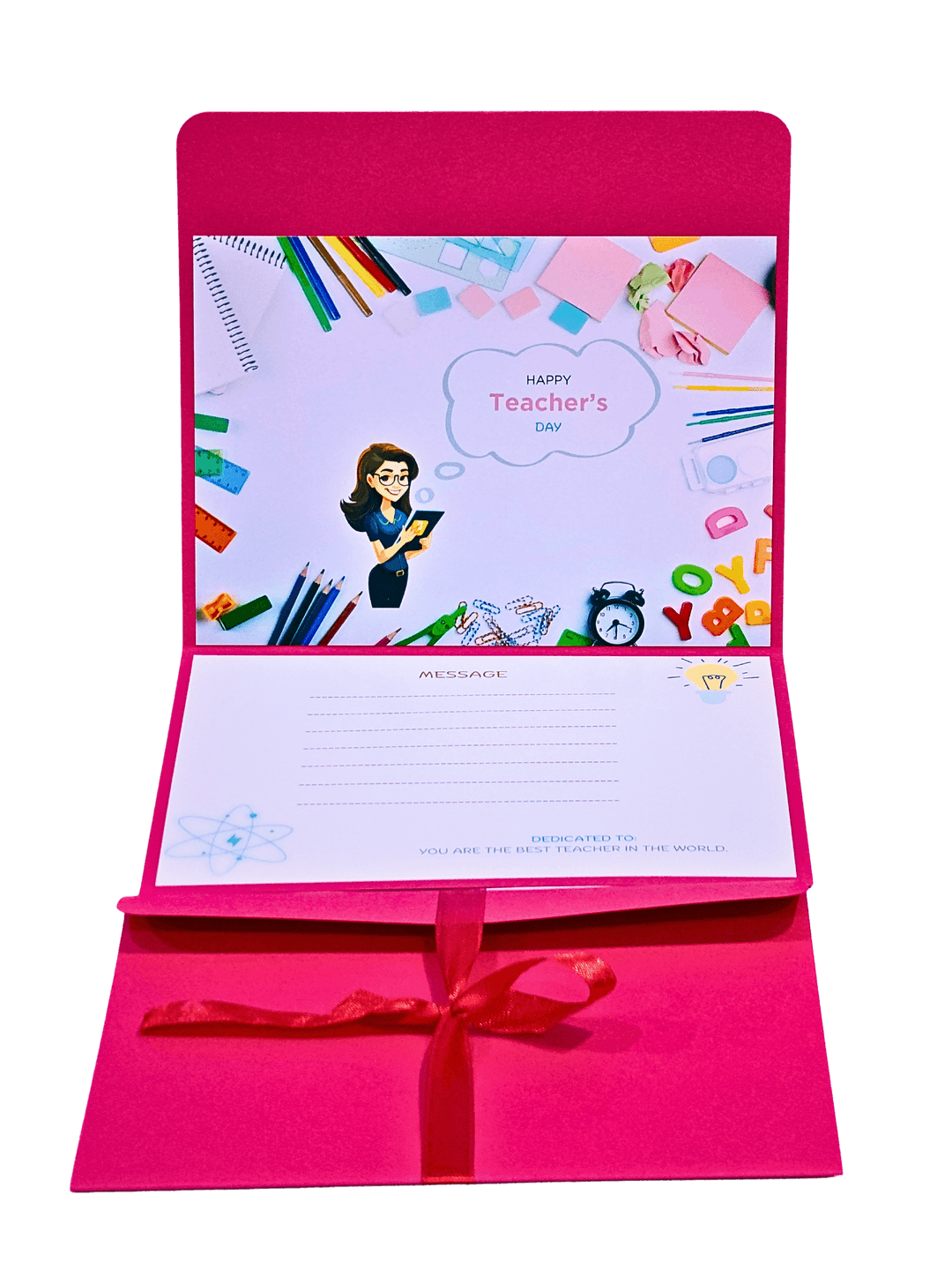 Happy Teacher's Day Greeting Card with Message Space, Red Ribbon Design, Educational Theme