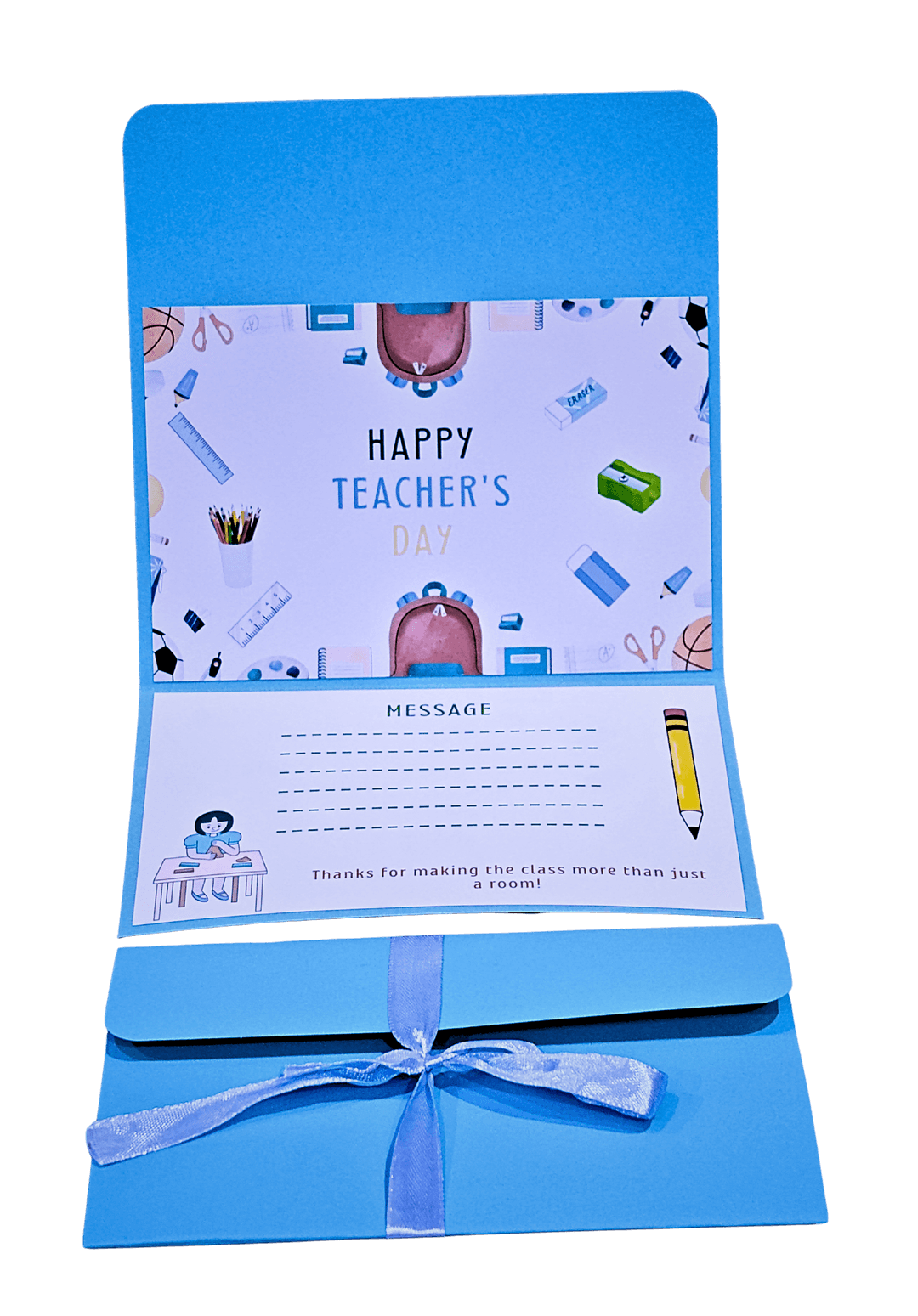 Happy Teacher's Day Card with Message Space, Sky Blue Decorative Design with School Supplies Theme, Ribbon Bow
