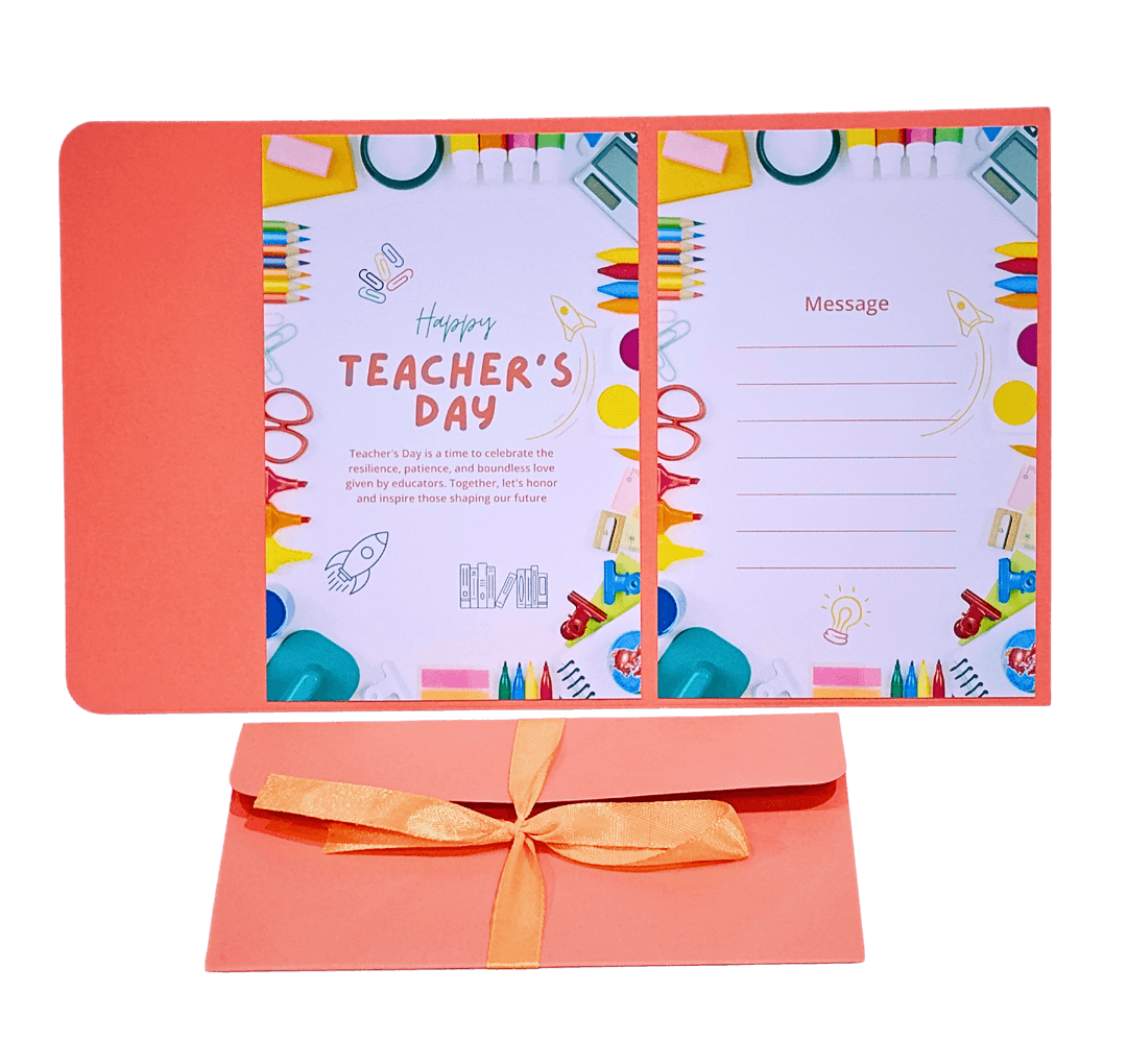 Happy Teacher's Day Greeting Card with Message Space, Red Envelope with Ribbon, School Theme Design