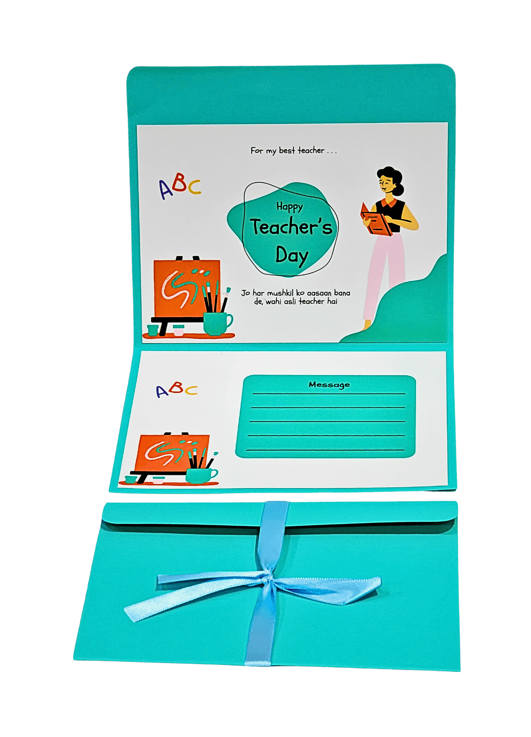 Happy Teacher's Day Card with Message Space, Turquoise Green Greeting Card with Blue Ribbon, ABC Theme Design