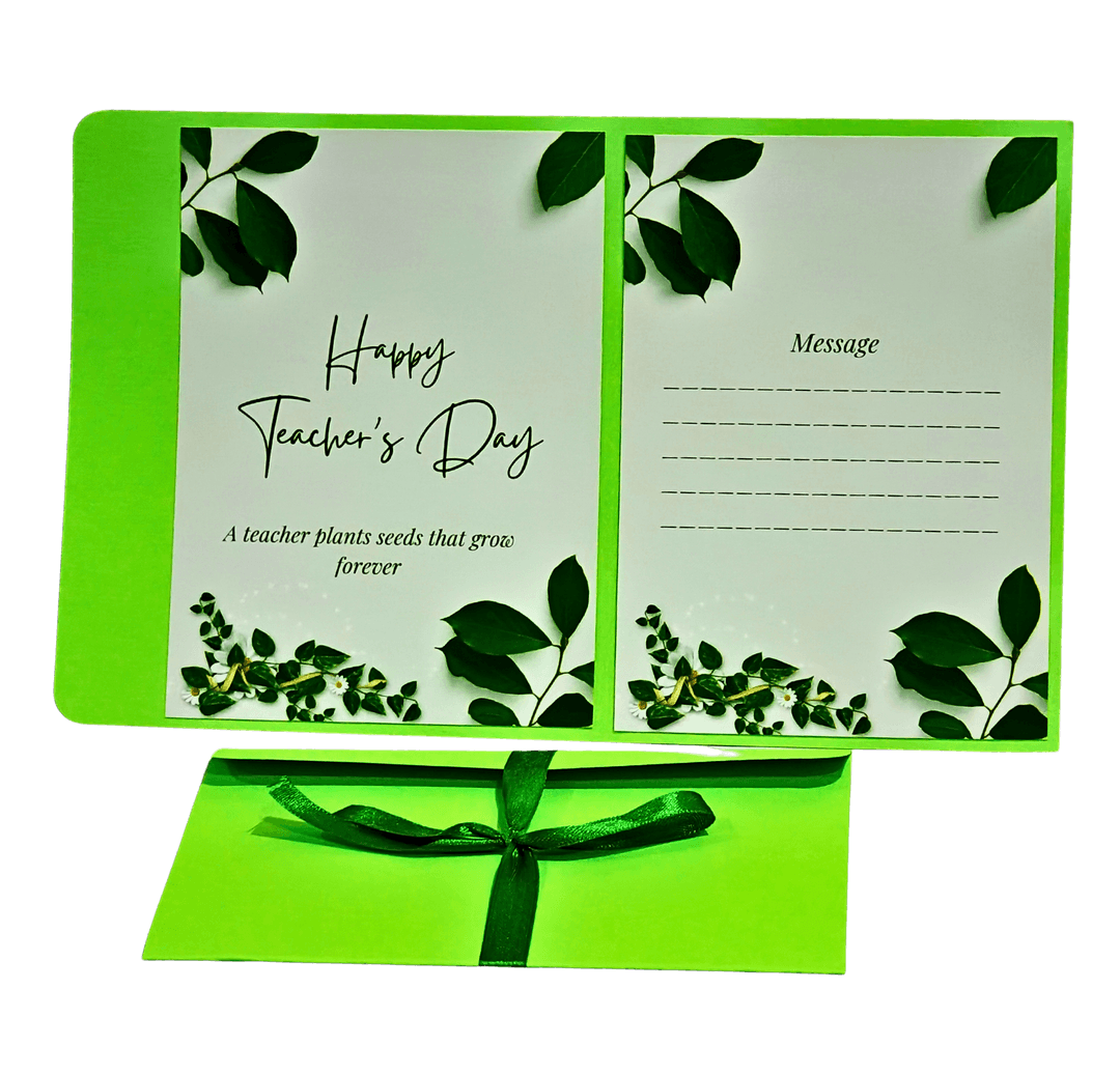Teacher's Day Greeting Card with Botanical Design, Green Border, Message Space, Ribbon Bow