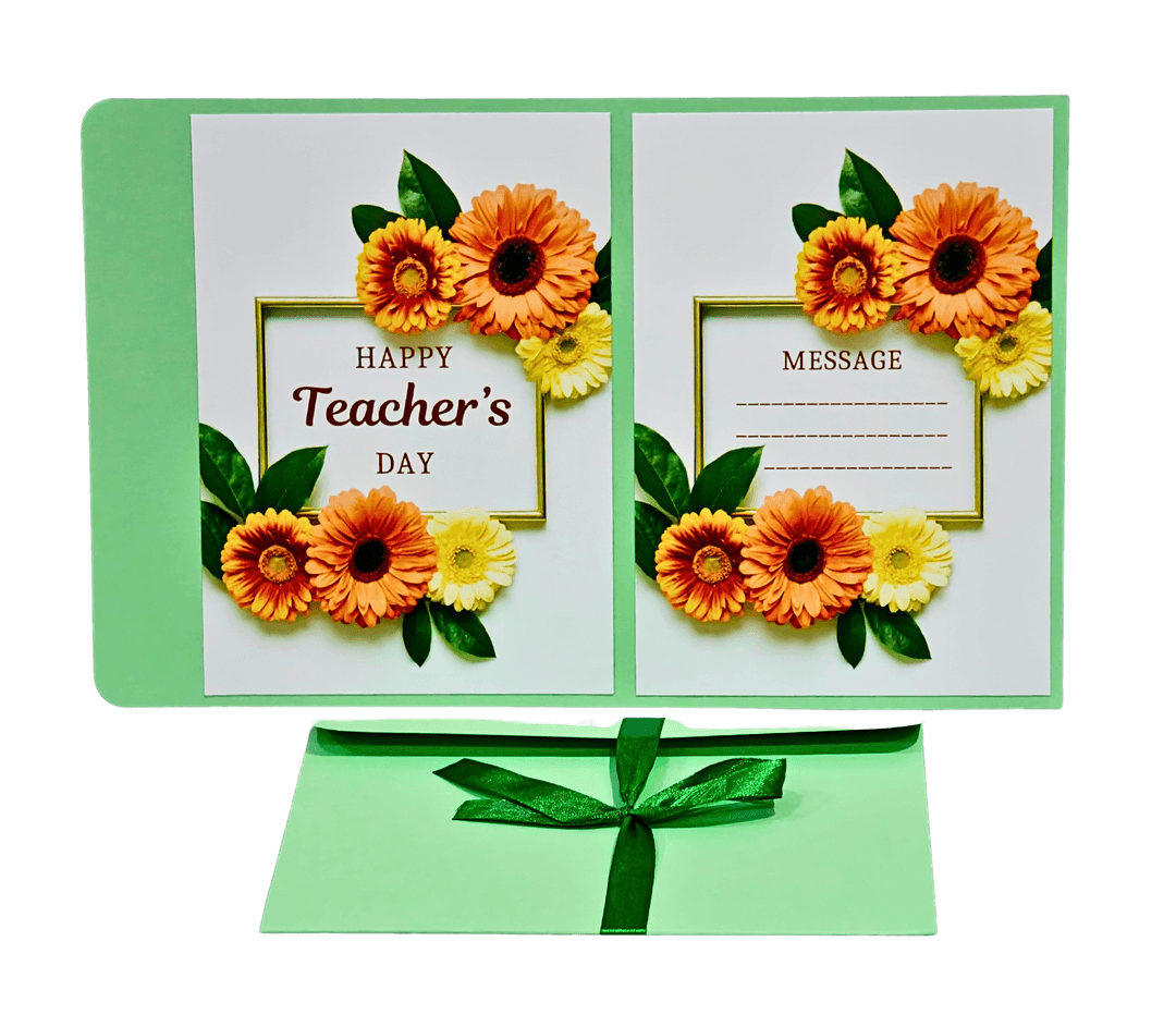 Happy Teacher's Day Card with Floral Design, Green Envelope, Orange and Yellow Gerbera Flowers, Message Space, Decorative Frame
