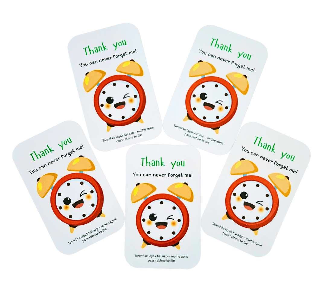 Cute Thank You Cards with Cartoon Alarm Clock Design with magnetic, White Background, 5 Pack, Never Forget Me Message, Dual Language Text