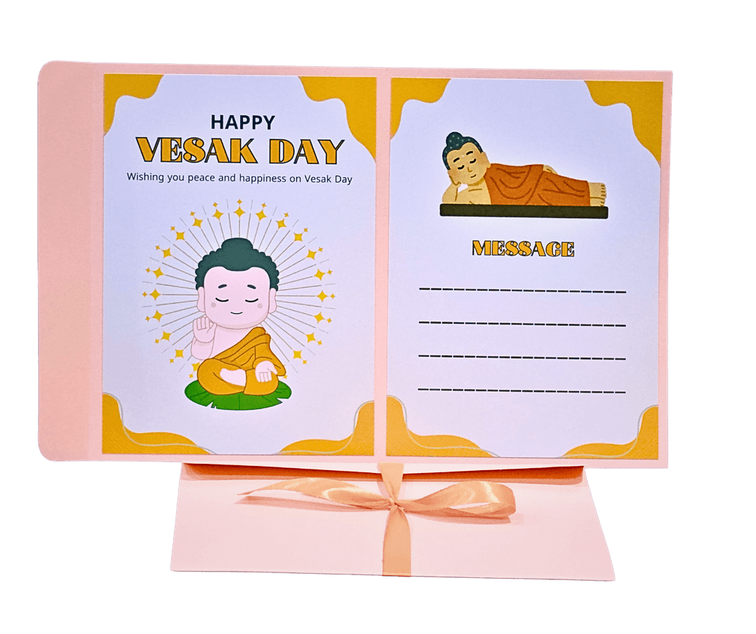Happy Vesak Day Greeting Card, Buddhist Festival Celebration Card with Message Space, soft orange and Gold Design