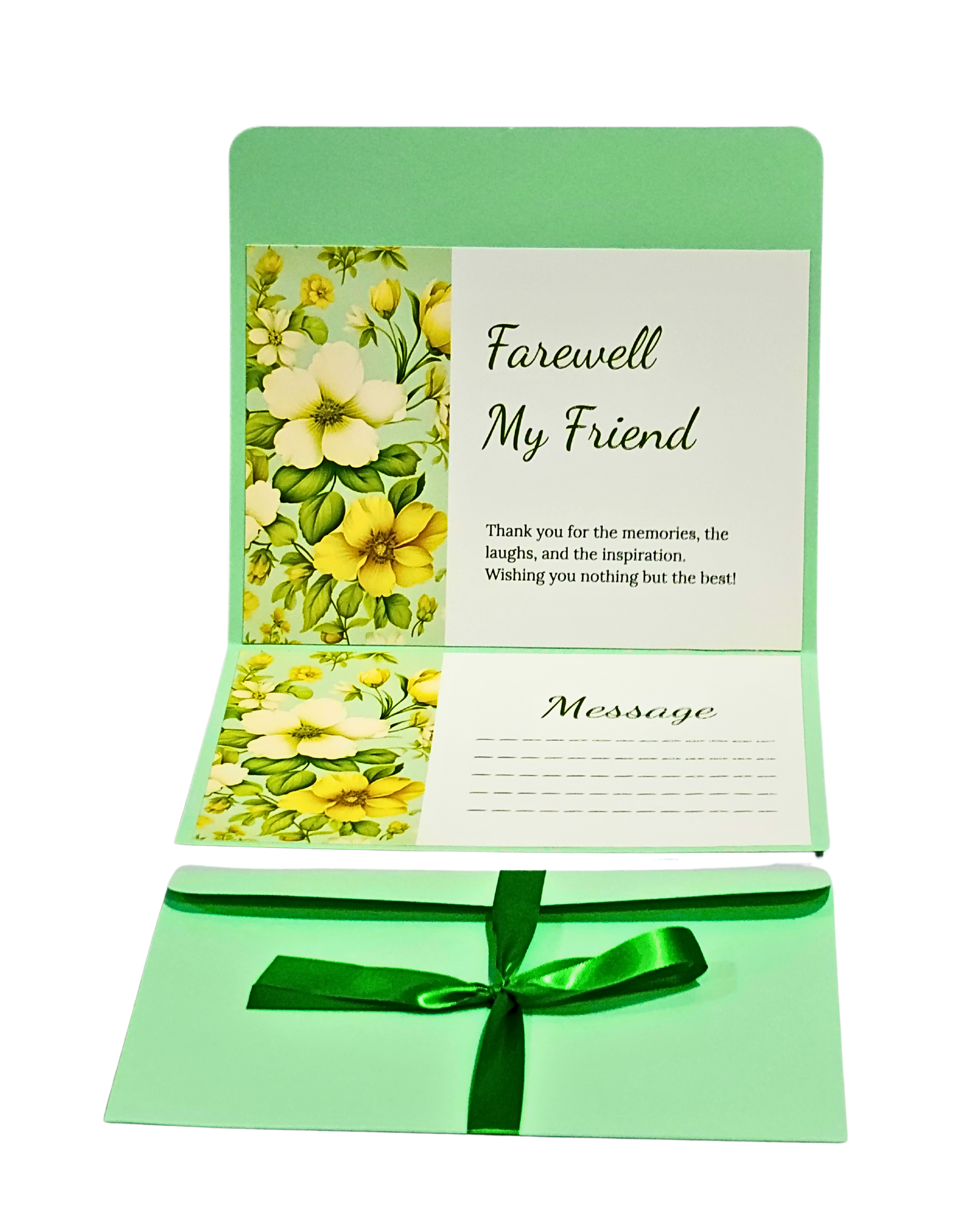 Elegant Farewell Card with Floral Design, Green and Yellow, Message Space, Decorative Ribbon, Sympathy Greeting Card